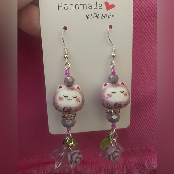 Lavender Lucky Cat Earrings with Floral Accents - Picture 3 of 4